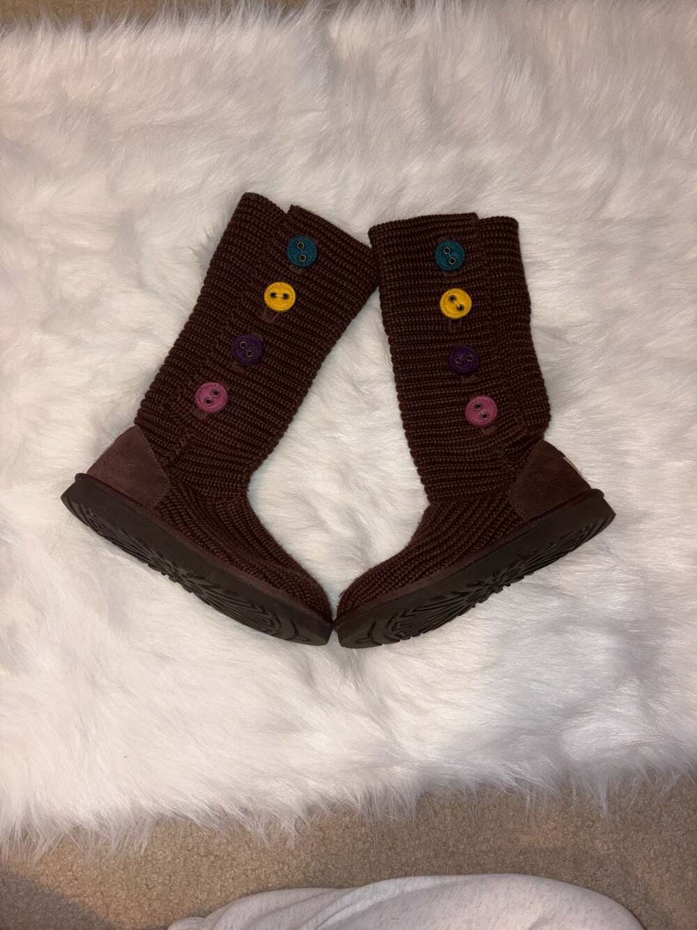 UGG Australia  Cardy II Knit Sweater Boots Chocolate Brown Rainbow Buttons